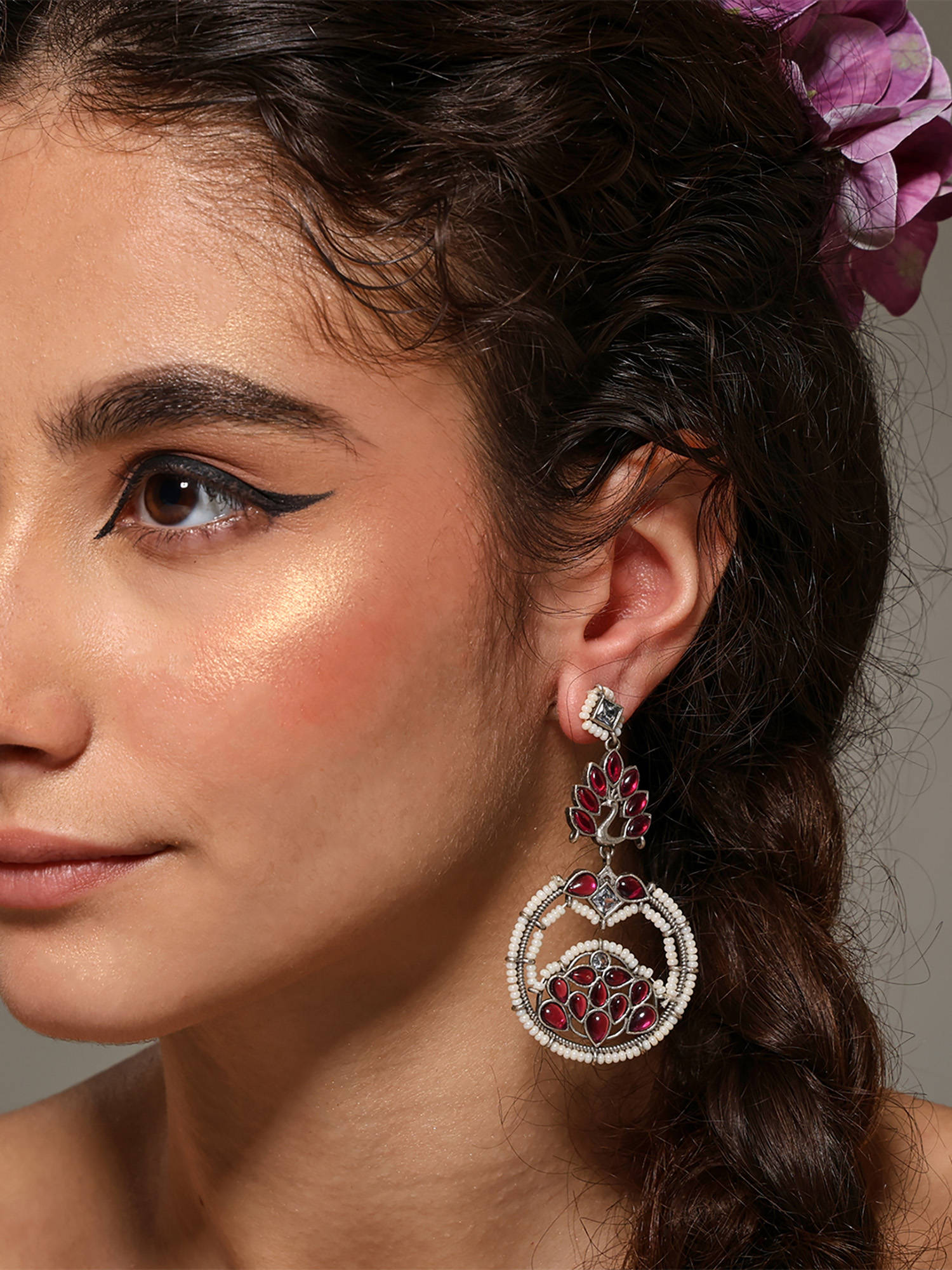 VENI 92.5 Silver-Plated Artificial Stones Studded and Beaded Circular Shaped Earrings