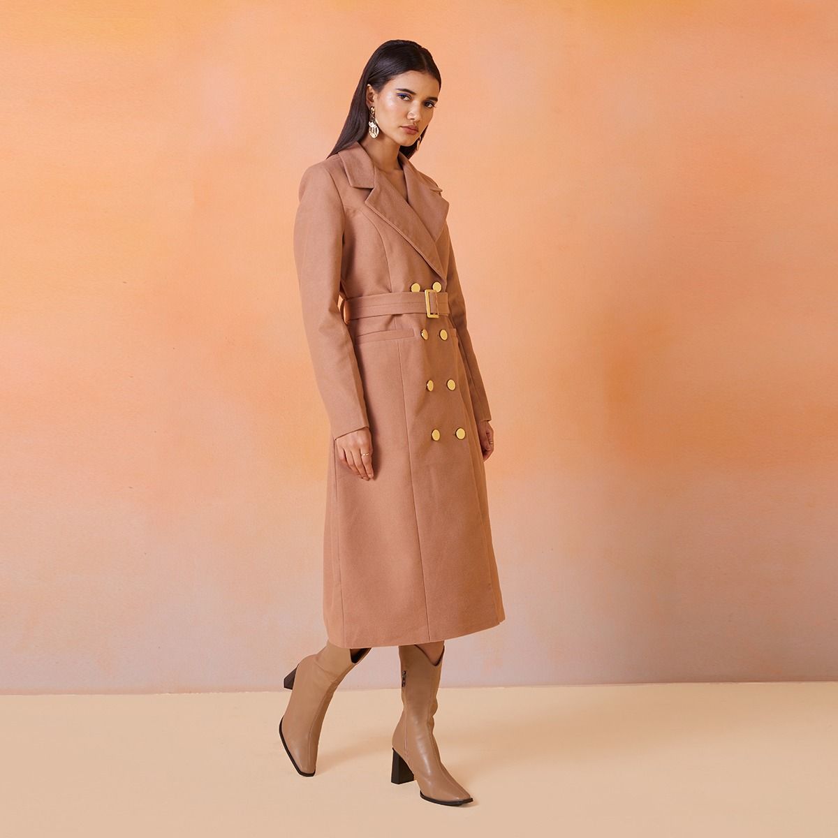 RSVP by Nykaa Fashion Beige Solid Double Breasted Long Overcoat (S)