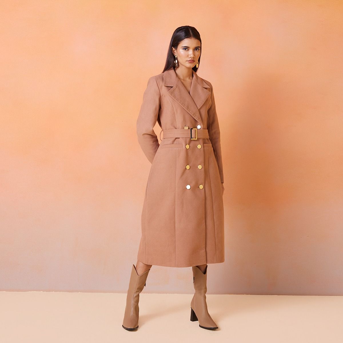 RSVP by Nykaa Fashion Beige Solid Double Breasted Long Overcoat (S)