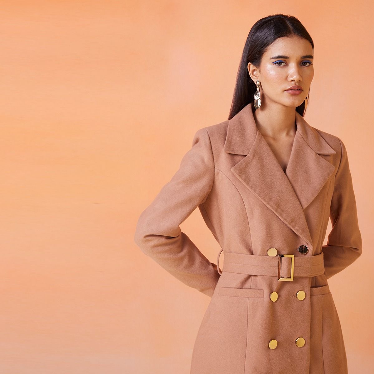 RSVP by Nykaa Fashion Beige Solid Double Breasted Long Overcoat (S)