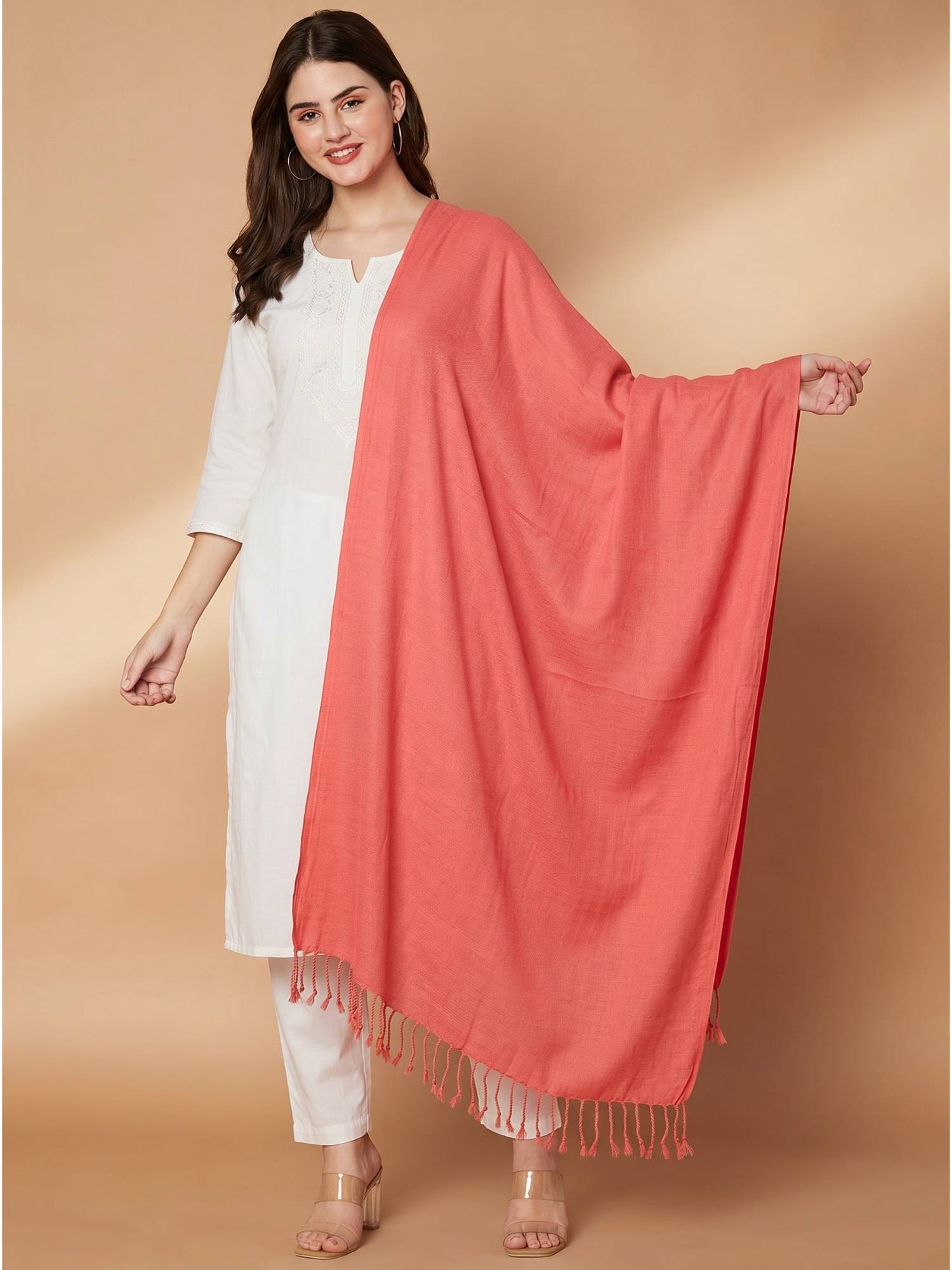 Zamour Women Plain Woollen Peach Stole with Fringes