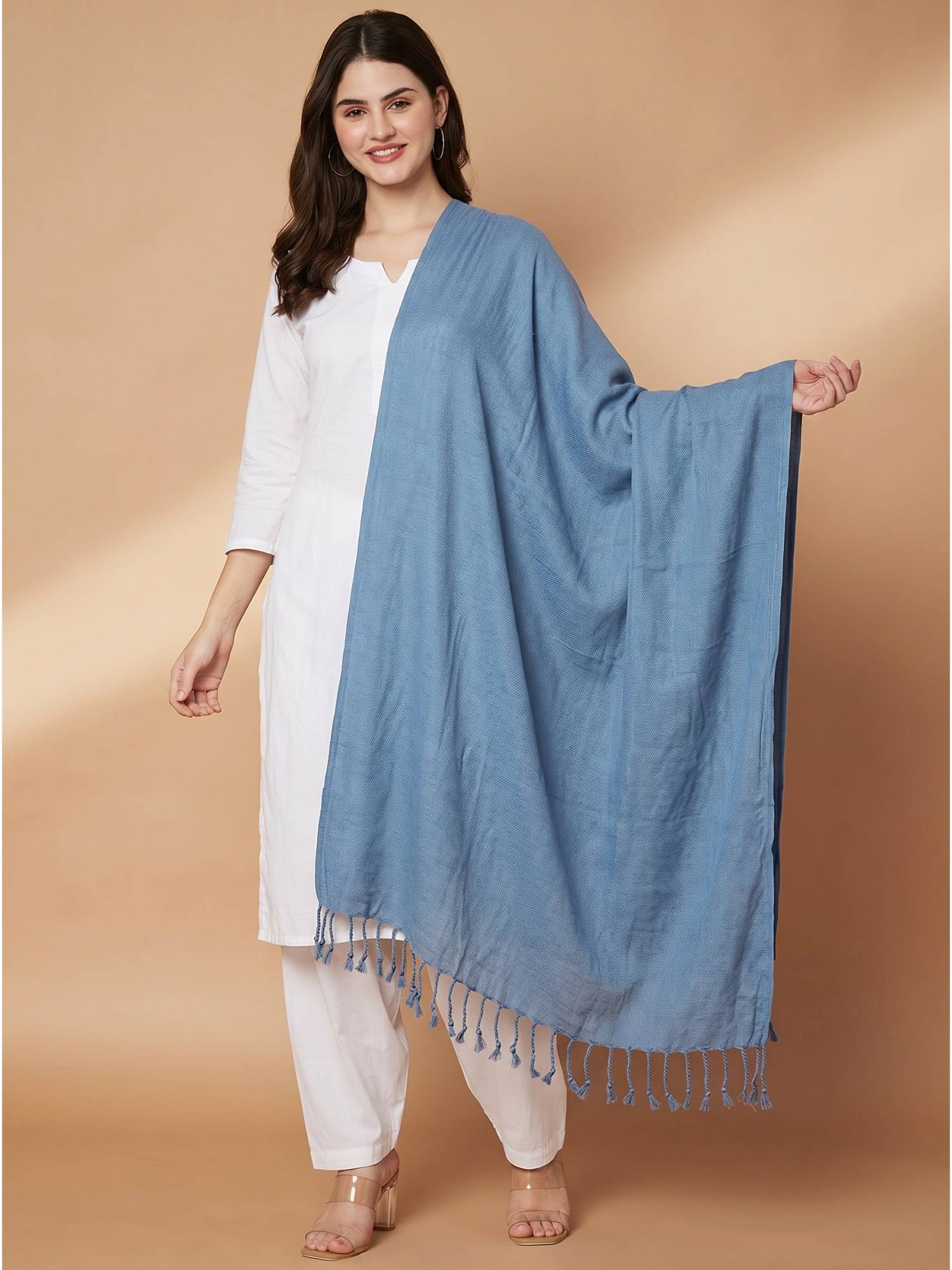 Zamour Women Plain Woollen Blue Stole with Fringes