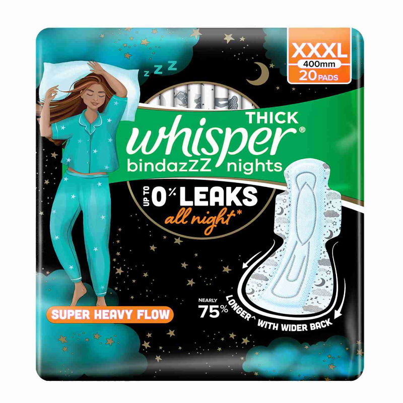 Whisper Bindazzz Nights 20 XXXL Sanitary Pads, Upto 0% Leaks All Night Long