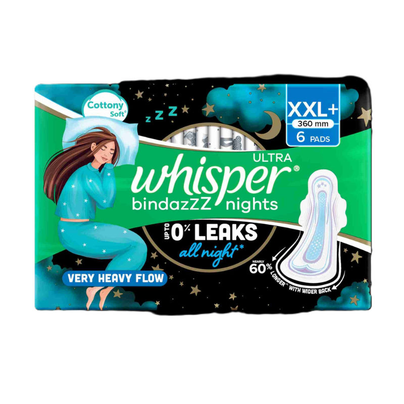 Whisper Bindazzz Nights 6 XXL+ Sanitary Pads, Upto 0% Leaks All Night Long