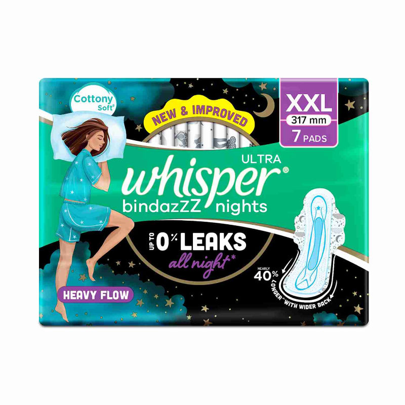 Whisper Bindazzz Nights 7 XXL Sanitary Pads, Upto 0% Leaks All Night Long