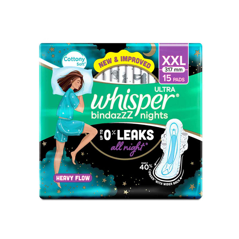 Whisper Bindazzz Nights 15 XXL Sanitary Pads, Upto 0% Leaks All Night Long