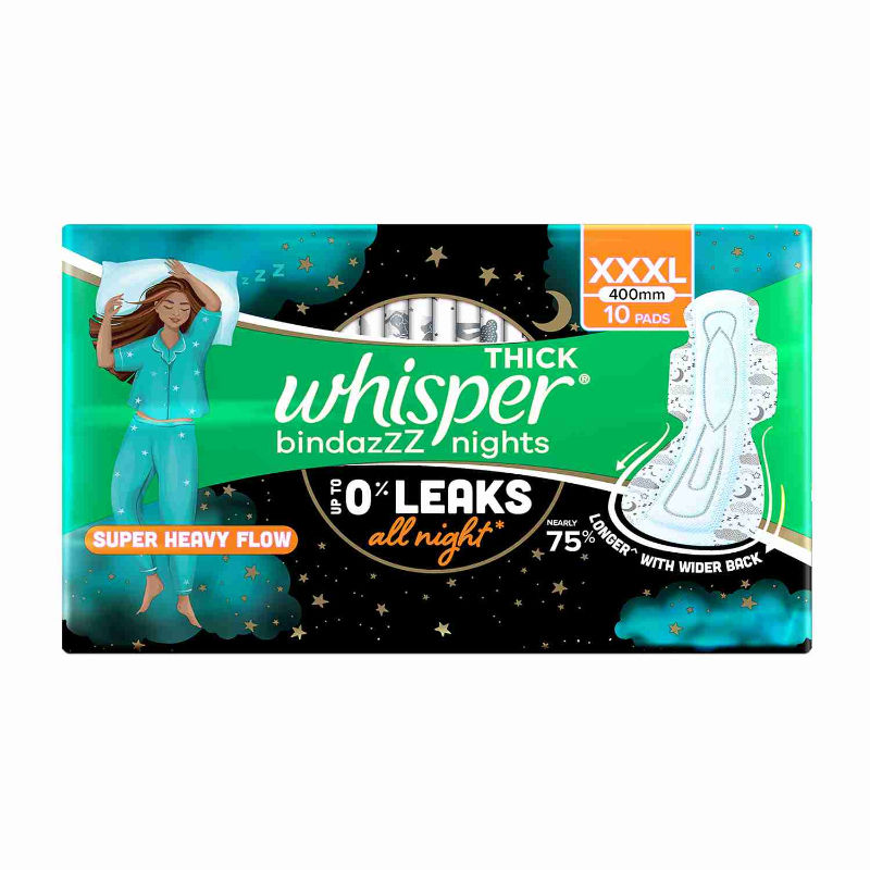 Whisper Bindazzz Nights 10 XXXL Sanitary Pads, Upto 0% Leaks All Night Long