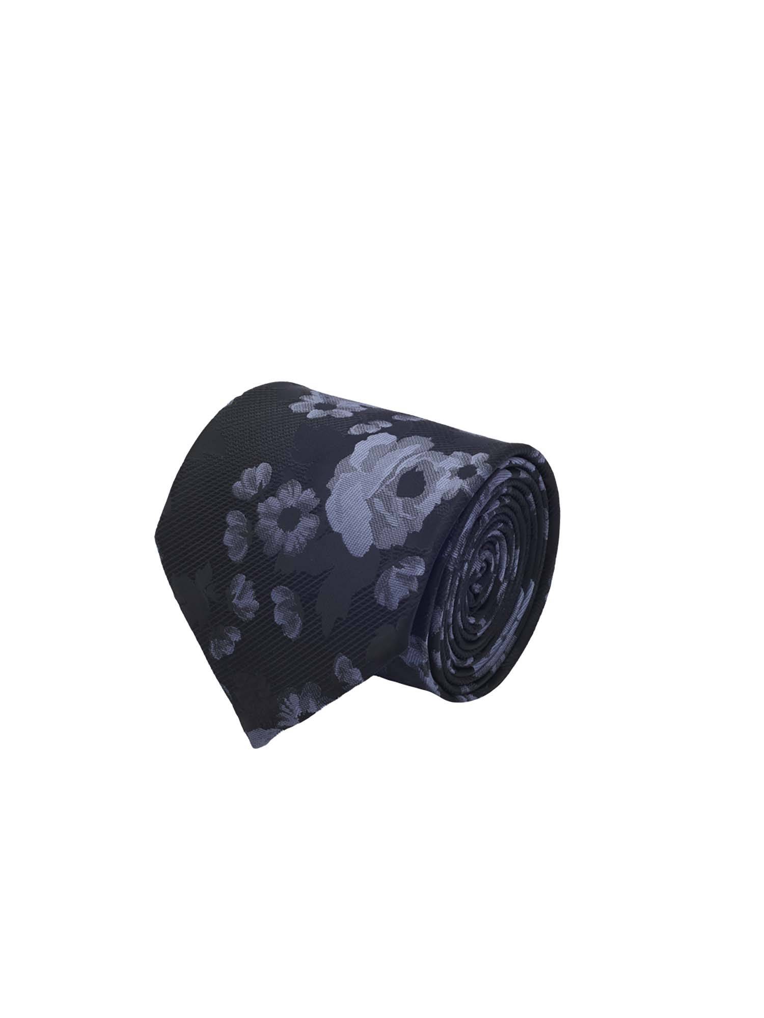 CAZZANO Microfiber Black Floral Tie with Pocket Square