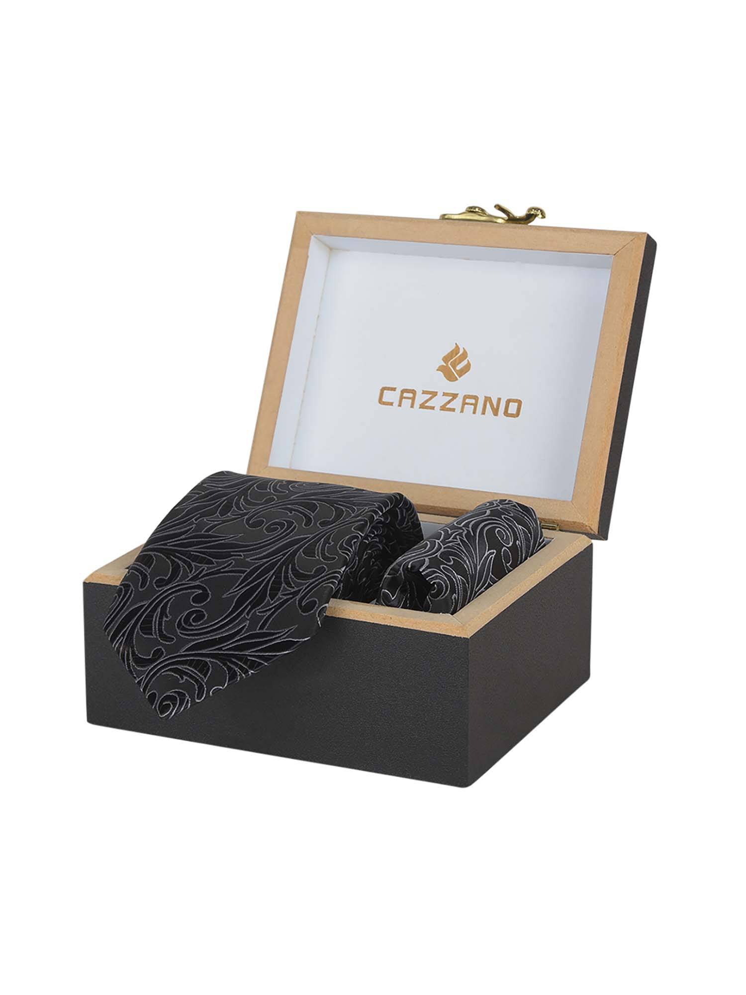 CAZZANO Microfiber Grey Printed Tie with Pocket Square