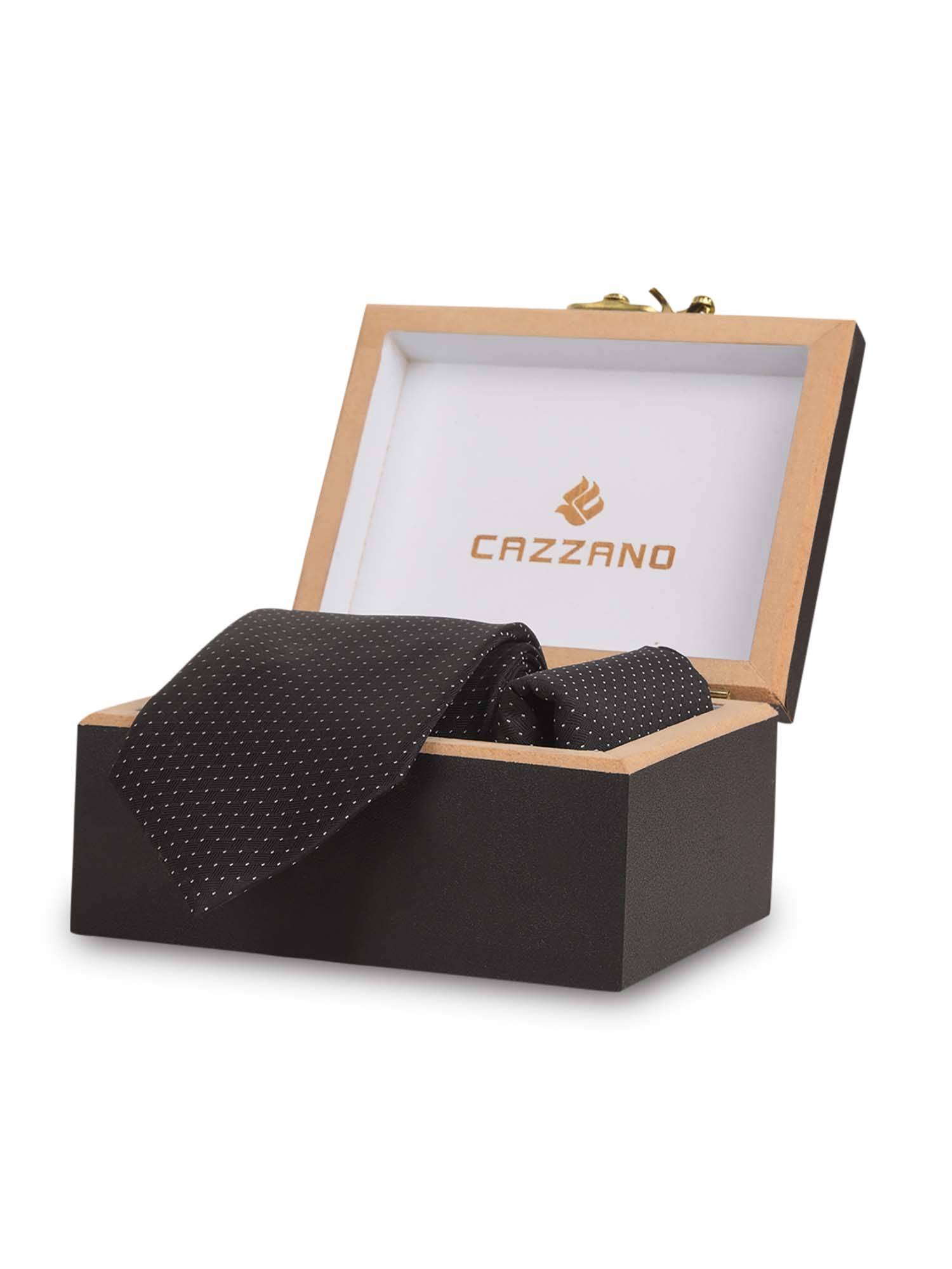 CAZZANO Microfiber Black Polka Dots Tie with Pocket Square