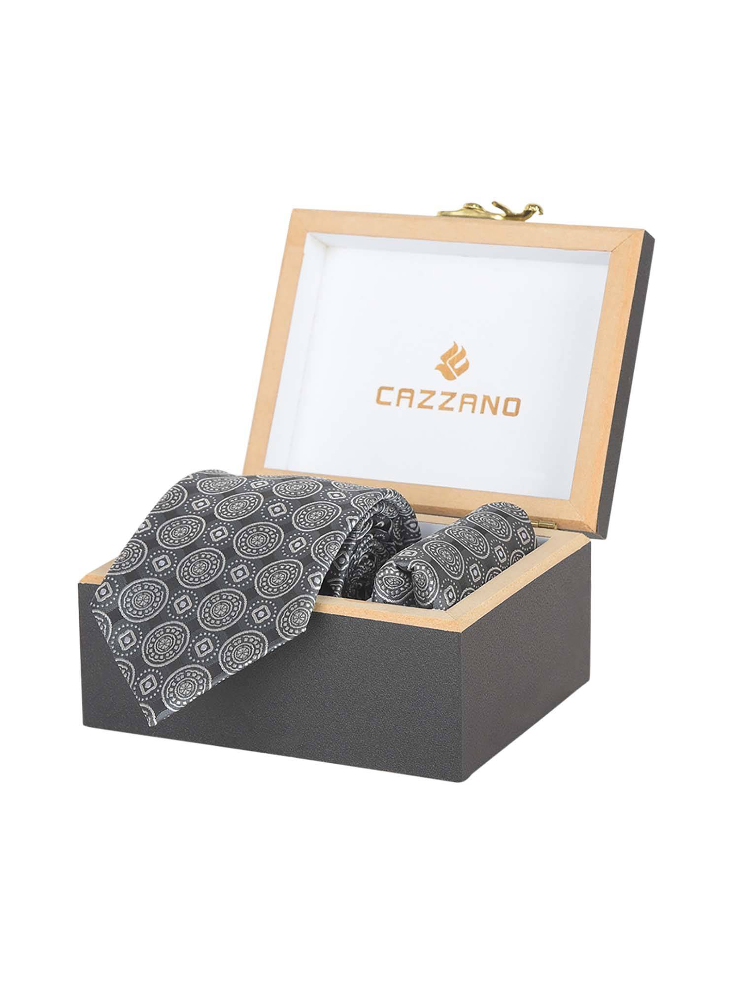 CAZZANO Microfiber Grey Printed Tie with Pocket Square