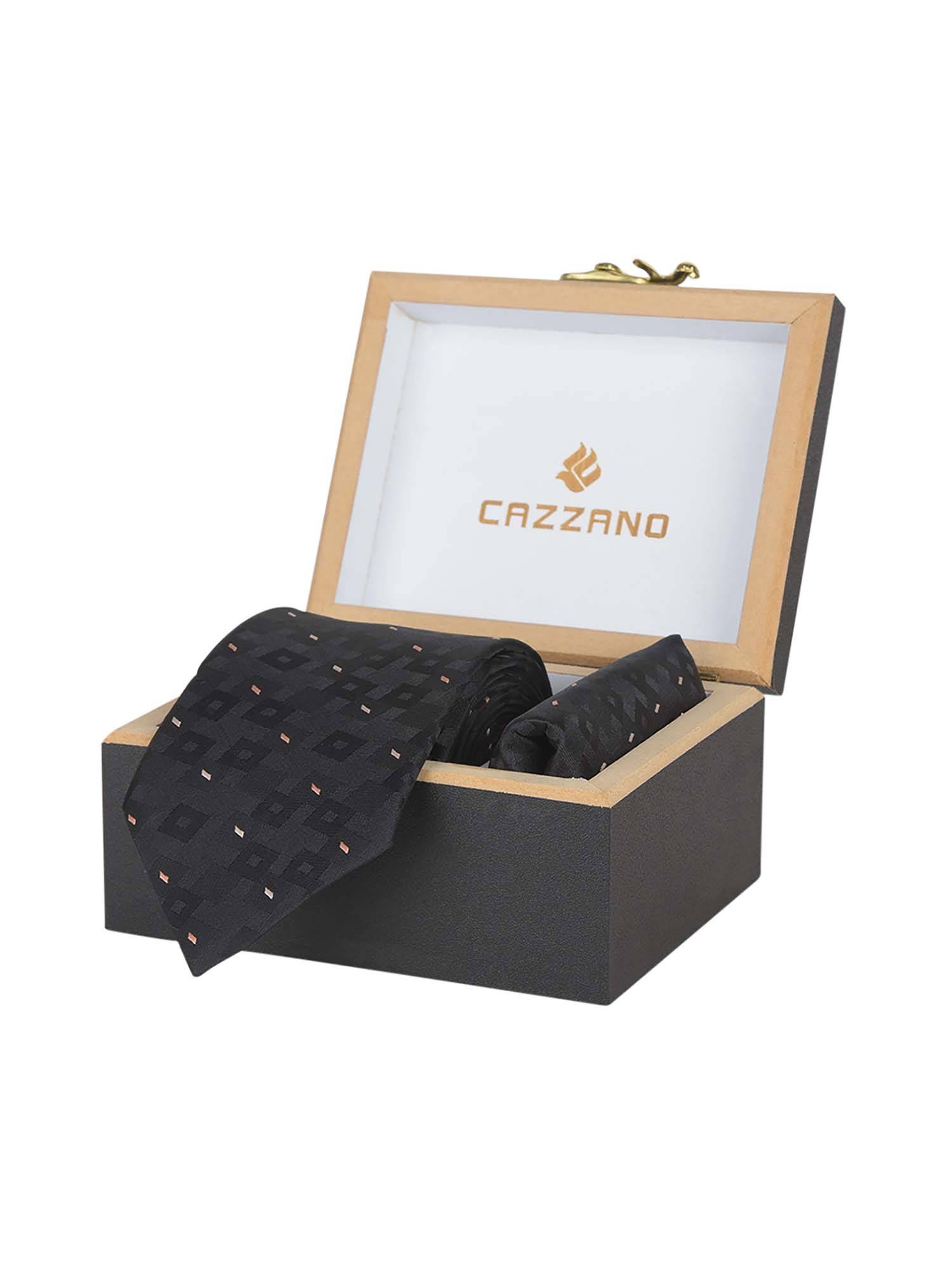 Buy CAZZANO Microfiber Black Printed Tie with Pocket Square Online