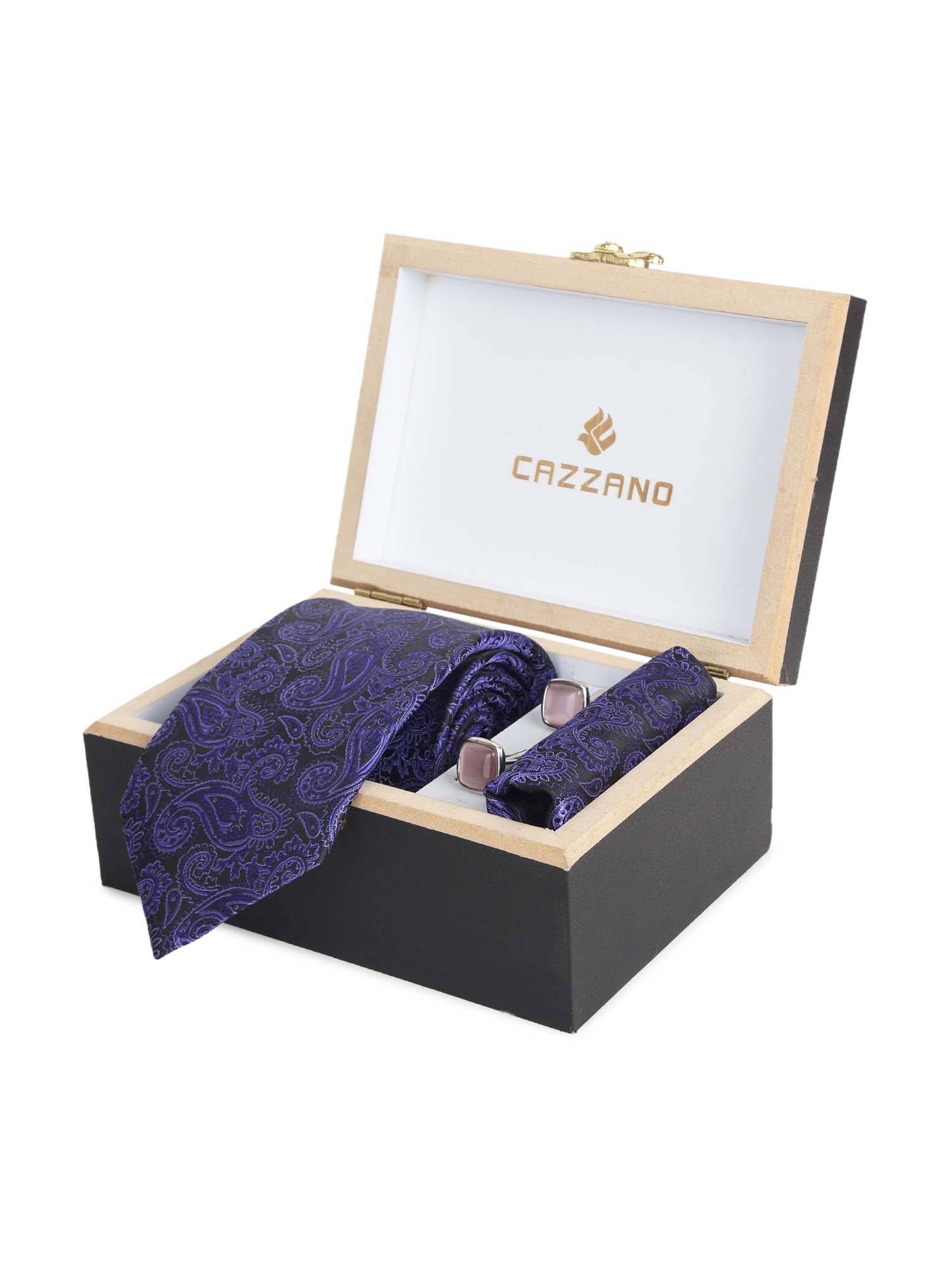 CAZZANO Microfiber Purple Floral Tie With Pocket Square & Cufflinks