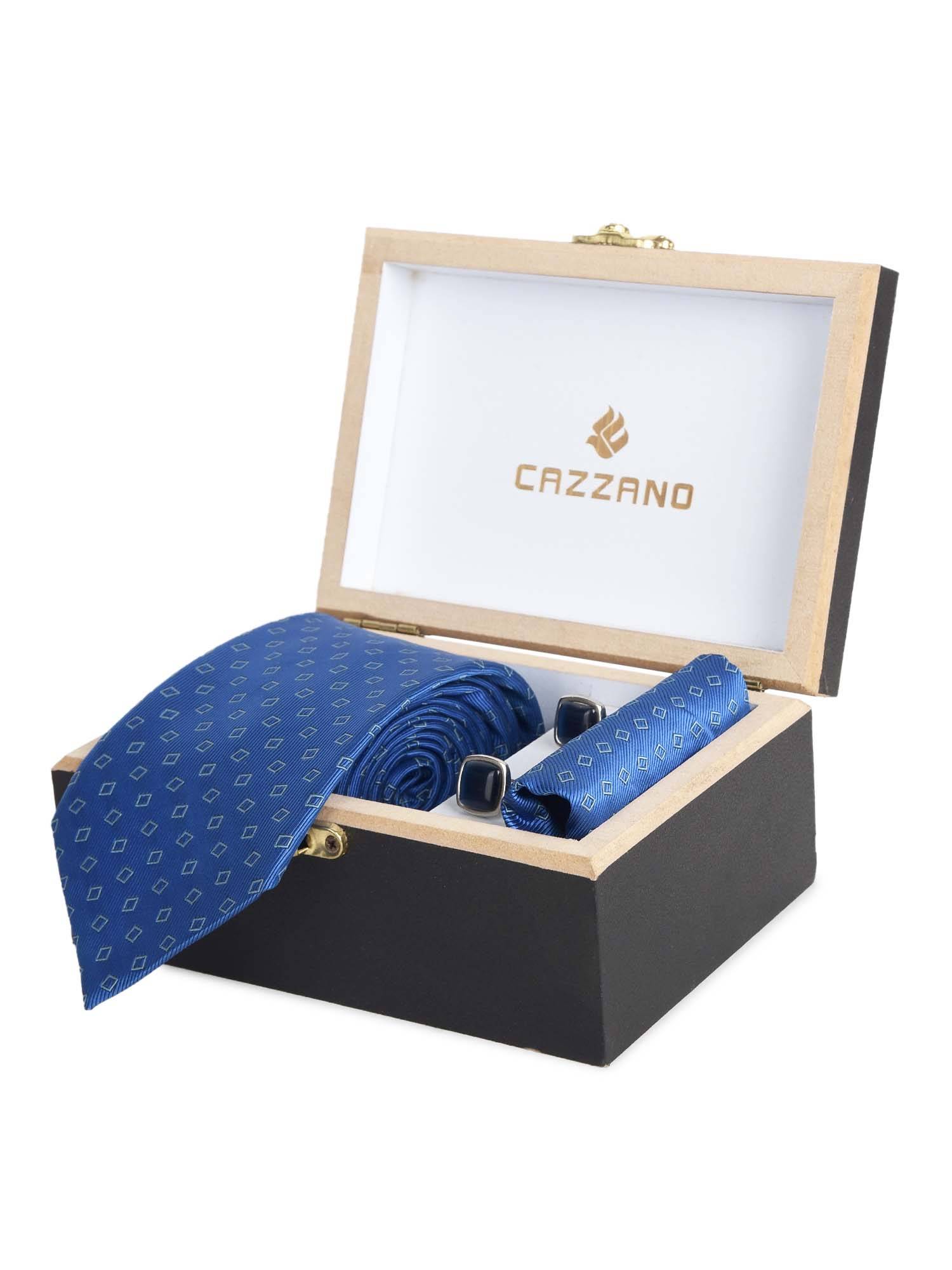 CAZZANO Microfiber Blue Geometric Tie With Pocket Square & Cufflinks