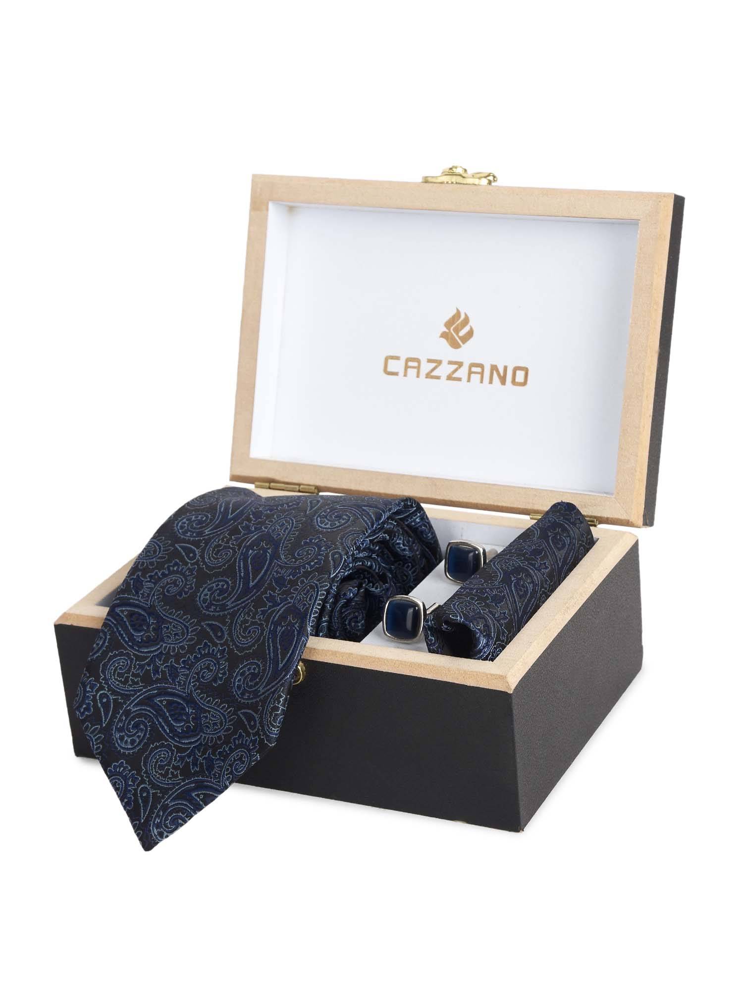 CAZZANO Microfiber Navy Blue Printed Tie With Pocket Square & Cufflinks