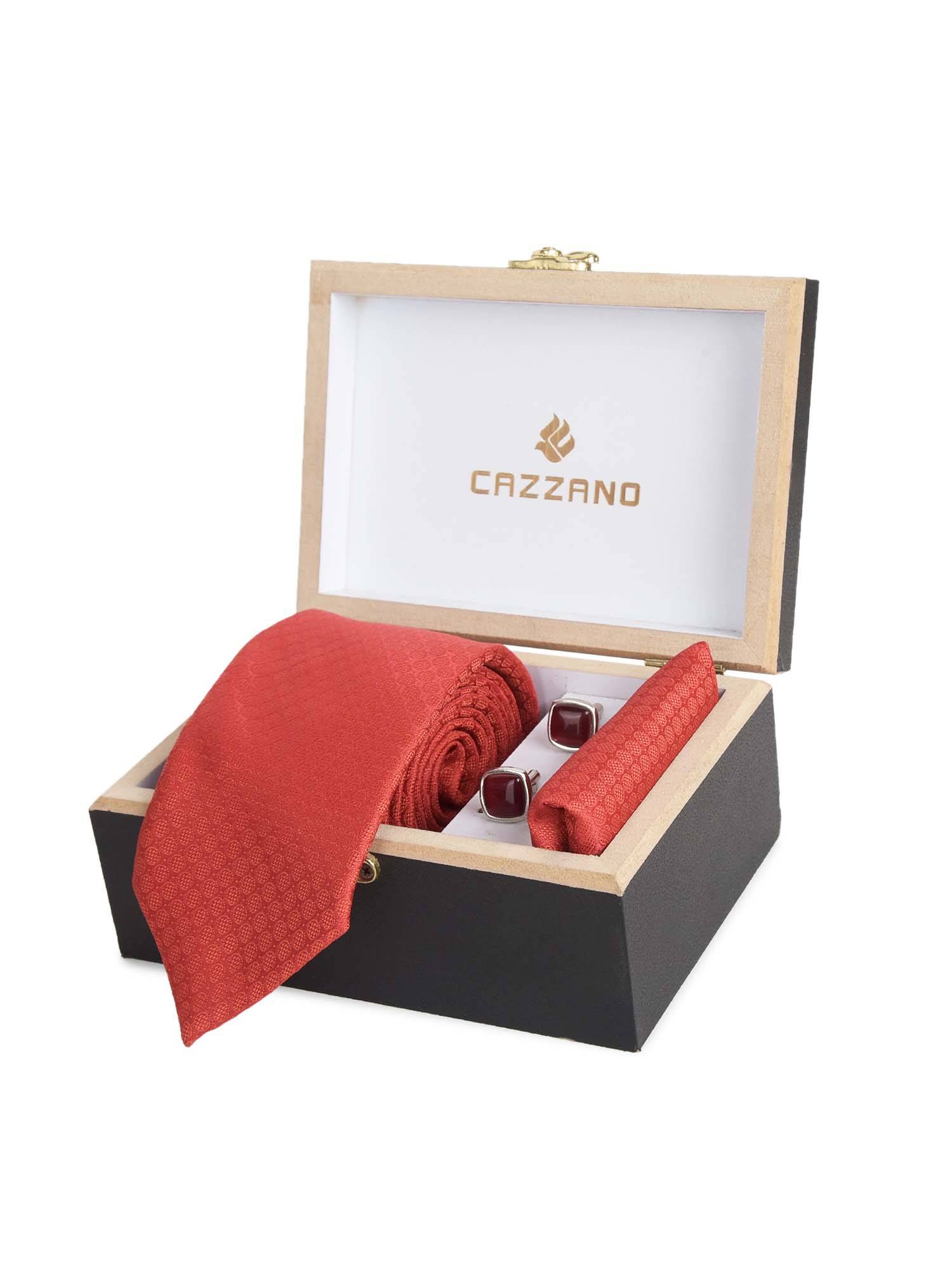 CAZZANO Microfiber Red Printed Tie With Pocket Square & Cufflinks
