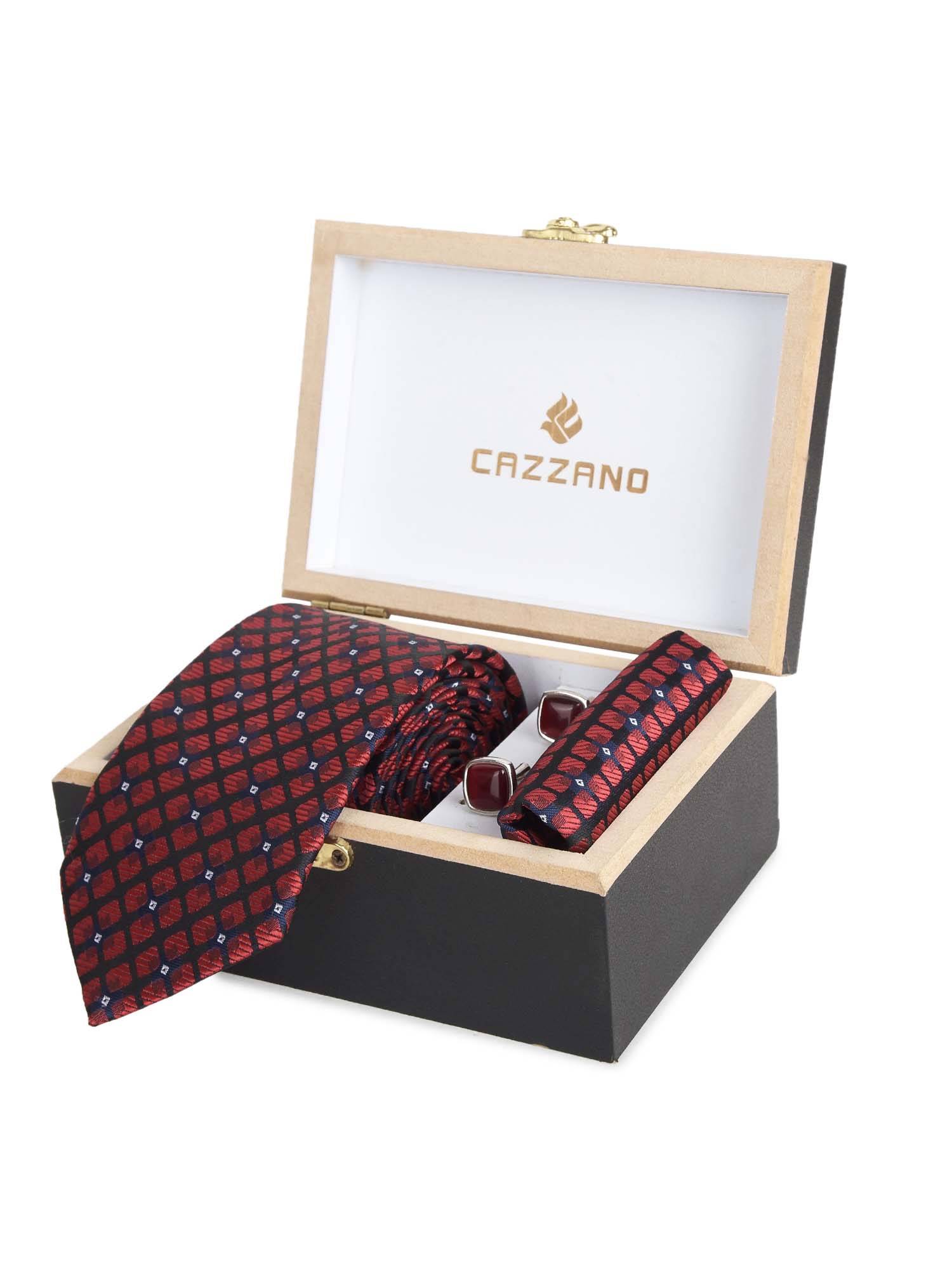CAZZANO Microfiber Red Checks Tie With Pocket Square & Cufflinks
