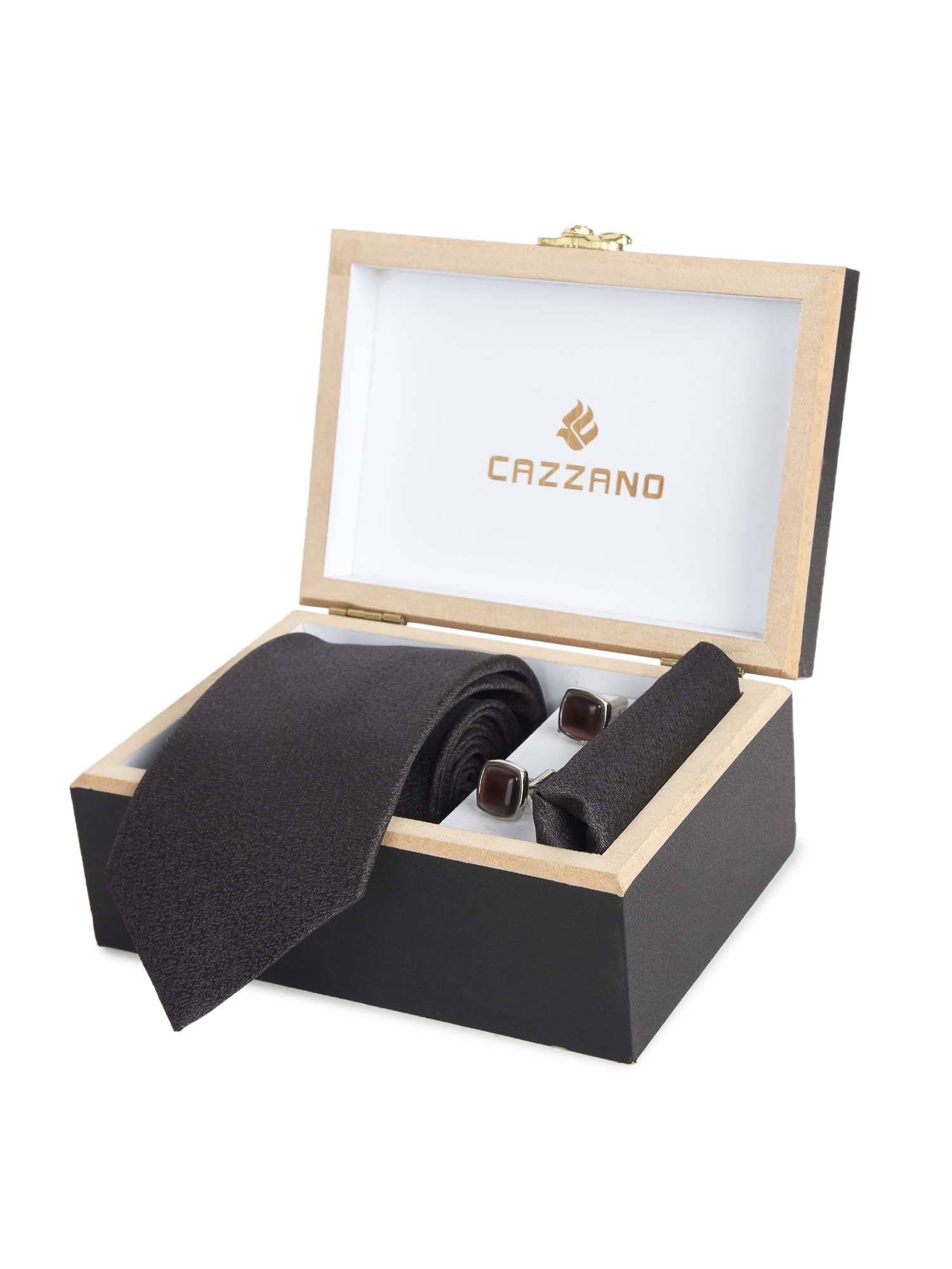 CAZZANO Microfiber Black Solid Tie With Pocket Square & Cufflinks