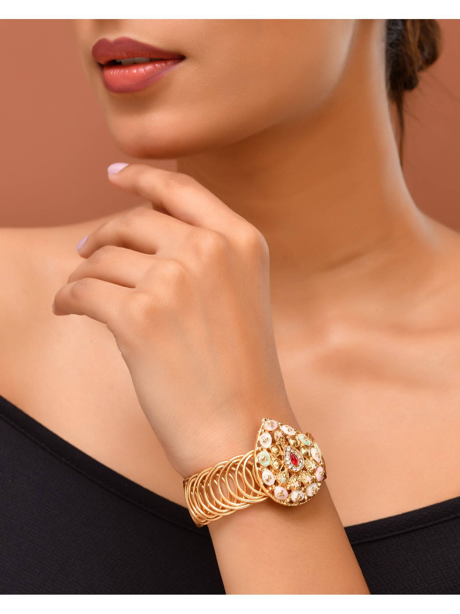 VOJ Stainless Steel Gold-Plated Kundan Studded Wraparound Bracelet