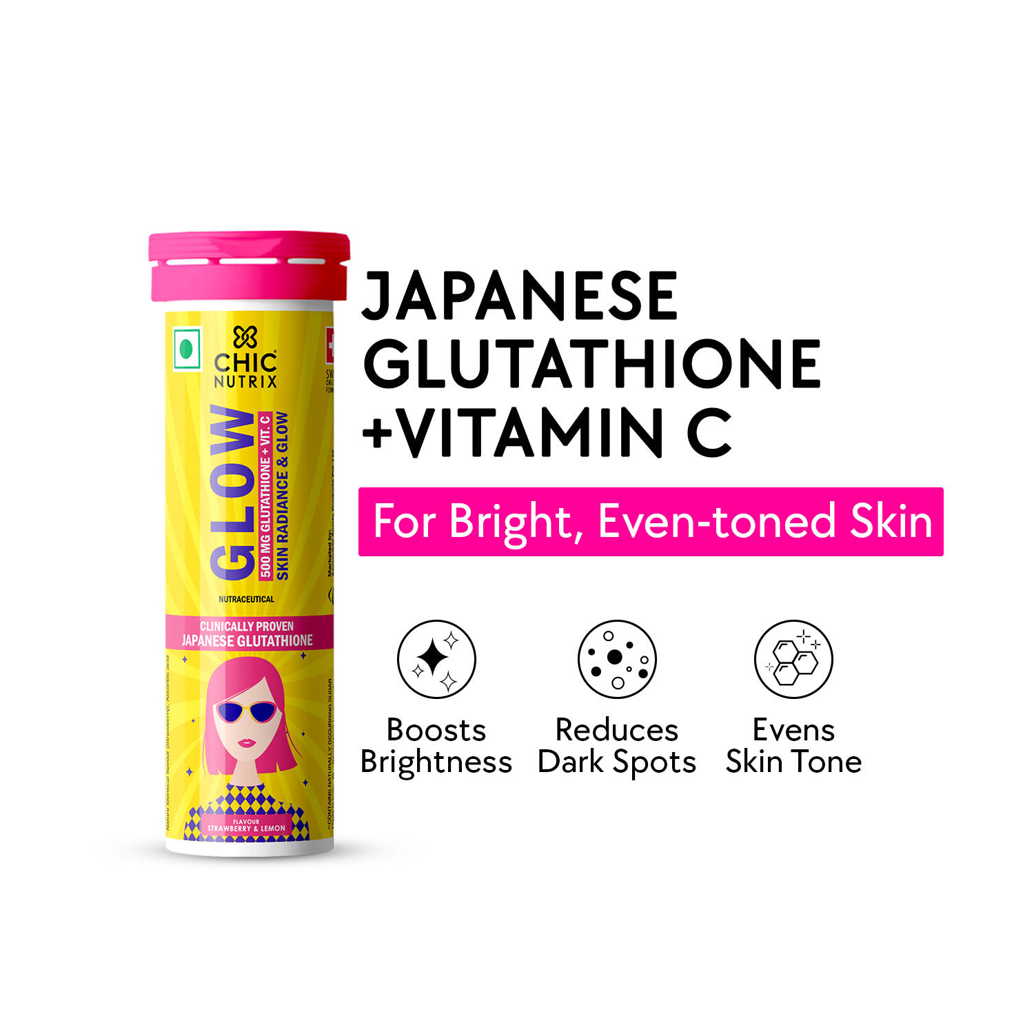 Chicnutrix Glow - Glutathione & Vitamin C Tablets - Skin Radiance & Glow - Strawberry Lemon Flvaour