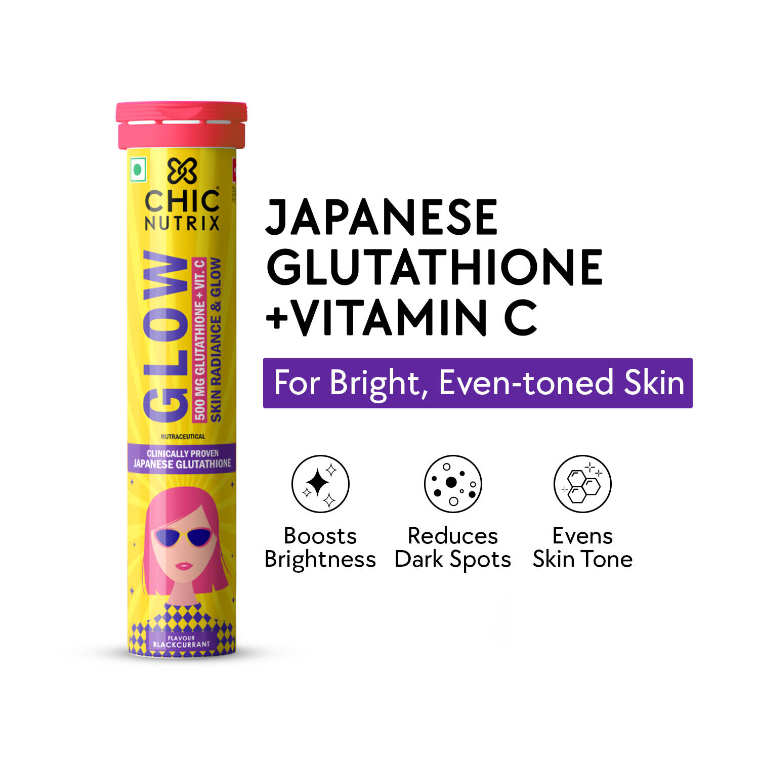 Chicnutrix Glow - Japanese Glutathione & Vit. C Skin Brightening Tablets And Blackcurrant Flavour