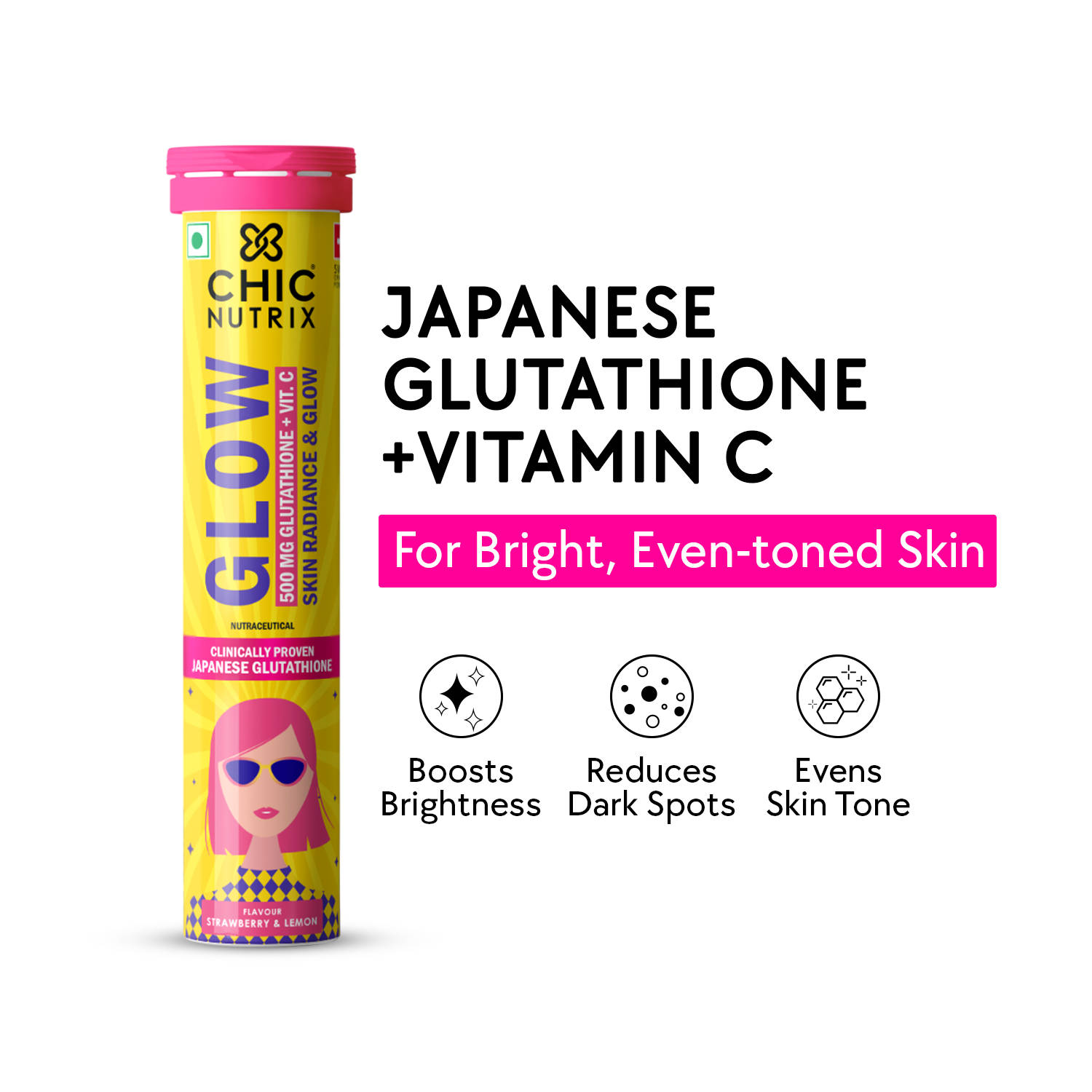 Chicnutrix Glow - Japanese Glutathione & Vit. C Skin Brightening Strawberry Lemon - 20 Tablets