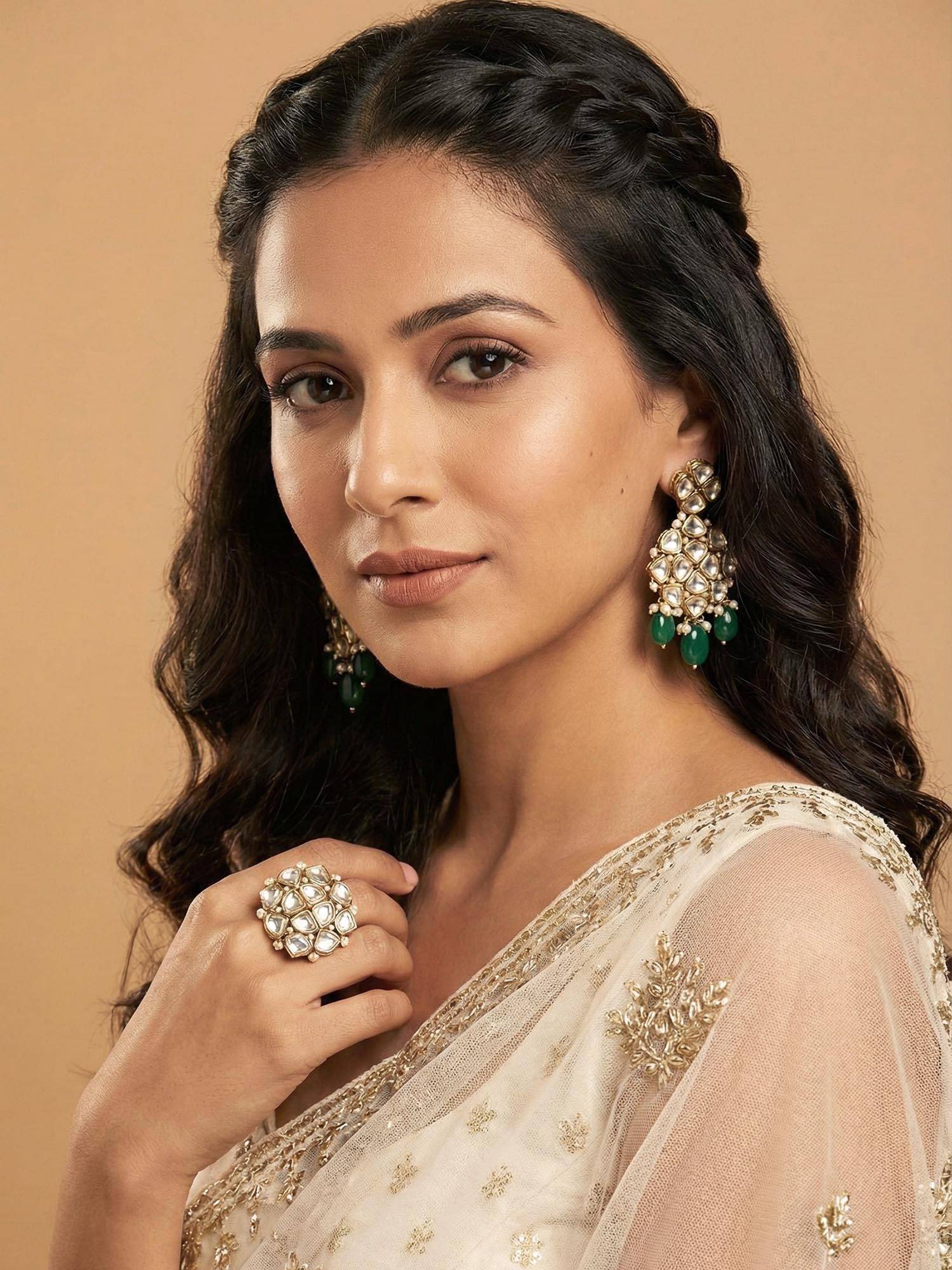 PAYA MOONLIT WHISPERS - Green Stone and Kundan Chandelier Earrings with Ring