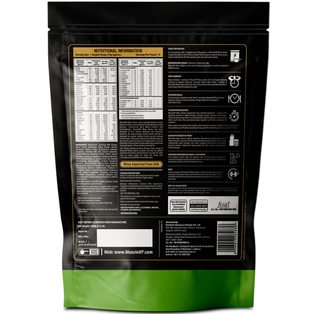 MuscleXP Mass Gainer With 26 Vitamins and Minerals, Double Chocolate