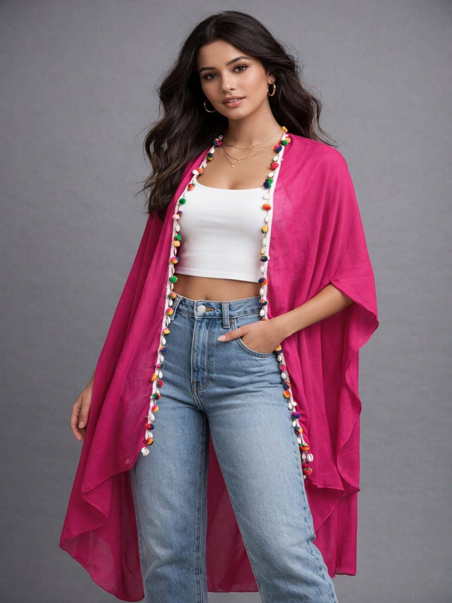 Mod & Shy Womens Tessel Lace Detail Pink Sheer Longline Kimono Cover Up