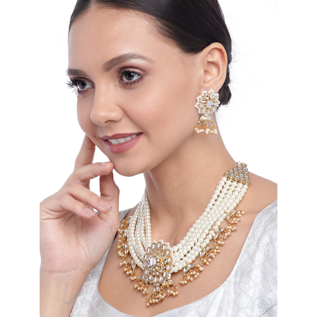 Zaveri Pearls Gold Tone Kundan And Pearls Multistrand Bridal Necklace