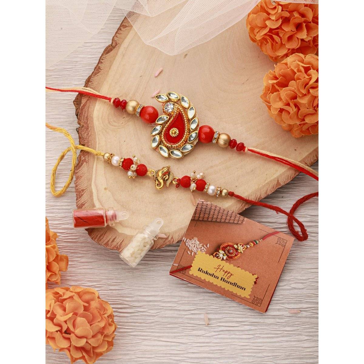 Saraf RS Jewellery Ganesha & Carry Ethnic Handcrafted Thread Rakhi's with Roli Chawal (Pack of 2)