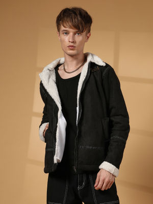 Campus Sutra Men's Carbon Black and Chalk White Fleece Lined Biker Jacket