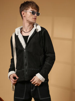 Campus Sutra Men's Carbon Black and Chalk White Fleece Lined Biker Jacket