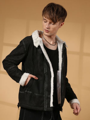 Campus Sutra Men's Carbon Black and Chalk White Fleece Lined Biker Jacket