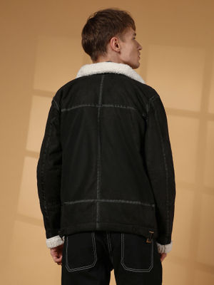 Campus Sutra Men's Carbon Black and Chalk White Fleece Lined Biker Jacket