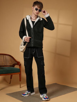 Campus Sutra Men's Carbon Black and Chalk White Fleece Lined Biker Jacket