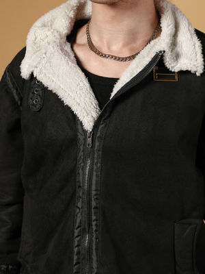 Campus Sutra Men's Carbon Black and Chalk White Fleece Lined Biker Jacket