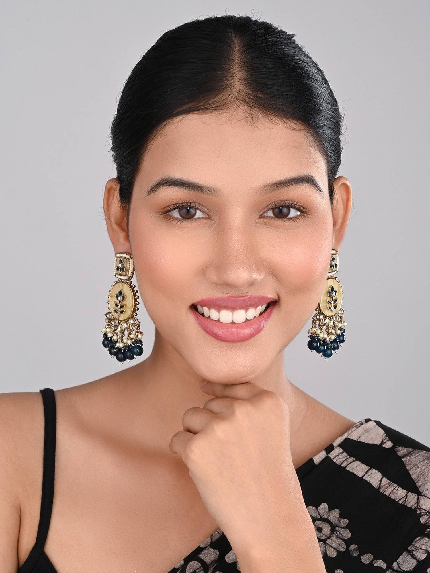 Anvik Teal Contemporary Kundan Mop and Meenakari Drop Earring