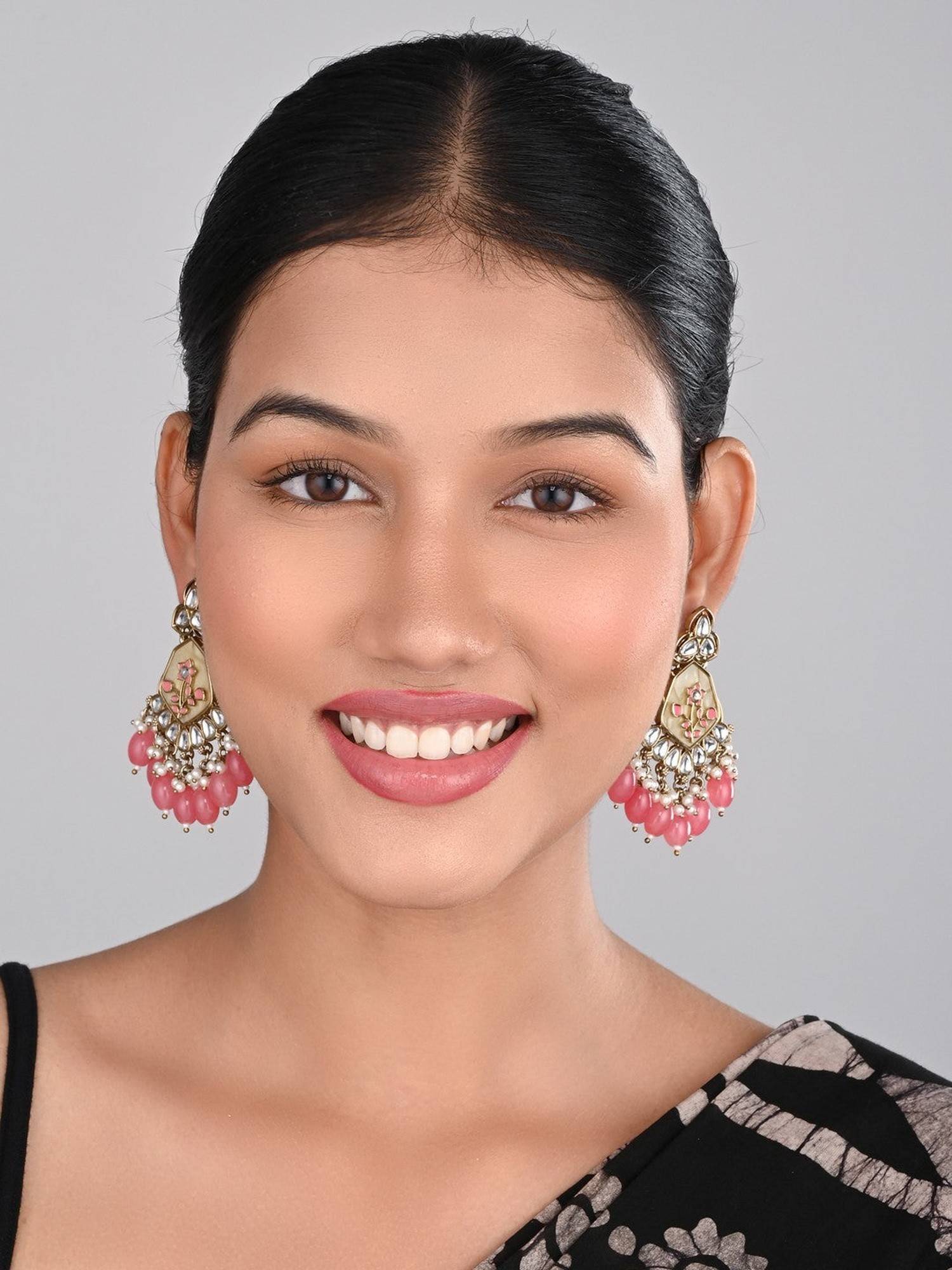 Anvik Pink Contemporary Kundan Mop and Meenakari Chandbali Earring