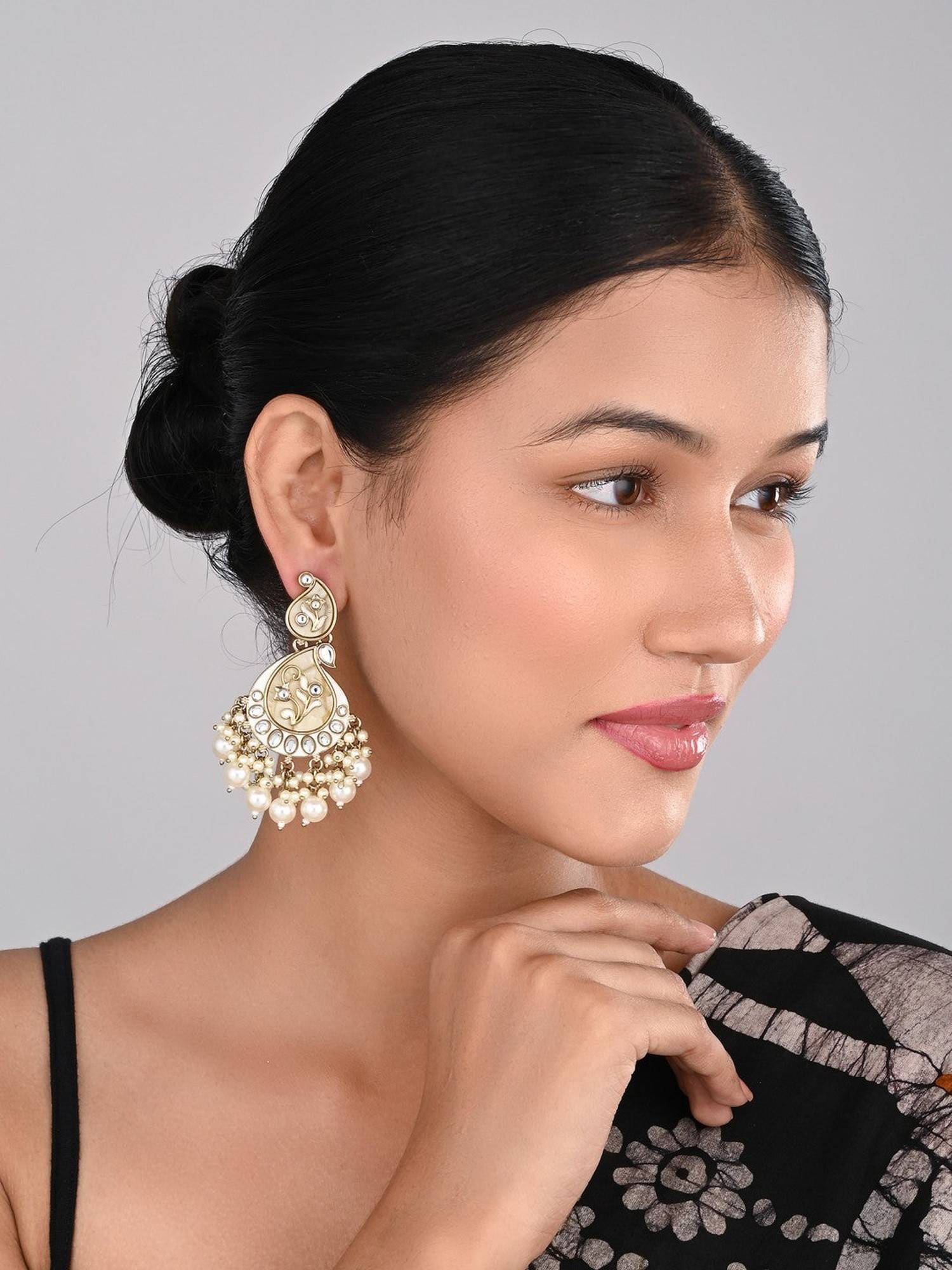 Anvik Cream Paisely Kundan Mop and Meenakari Chandbali Earring