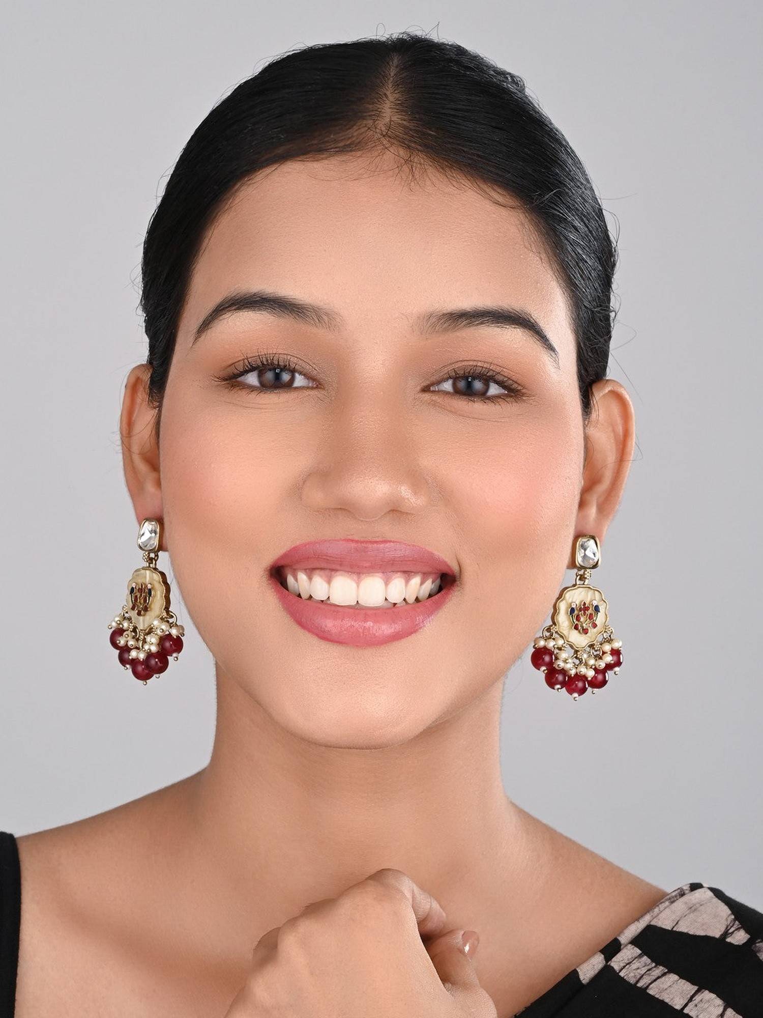 Anvik Red Contemporary Kundan Mop and Meenakari Drop Earring