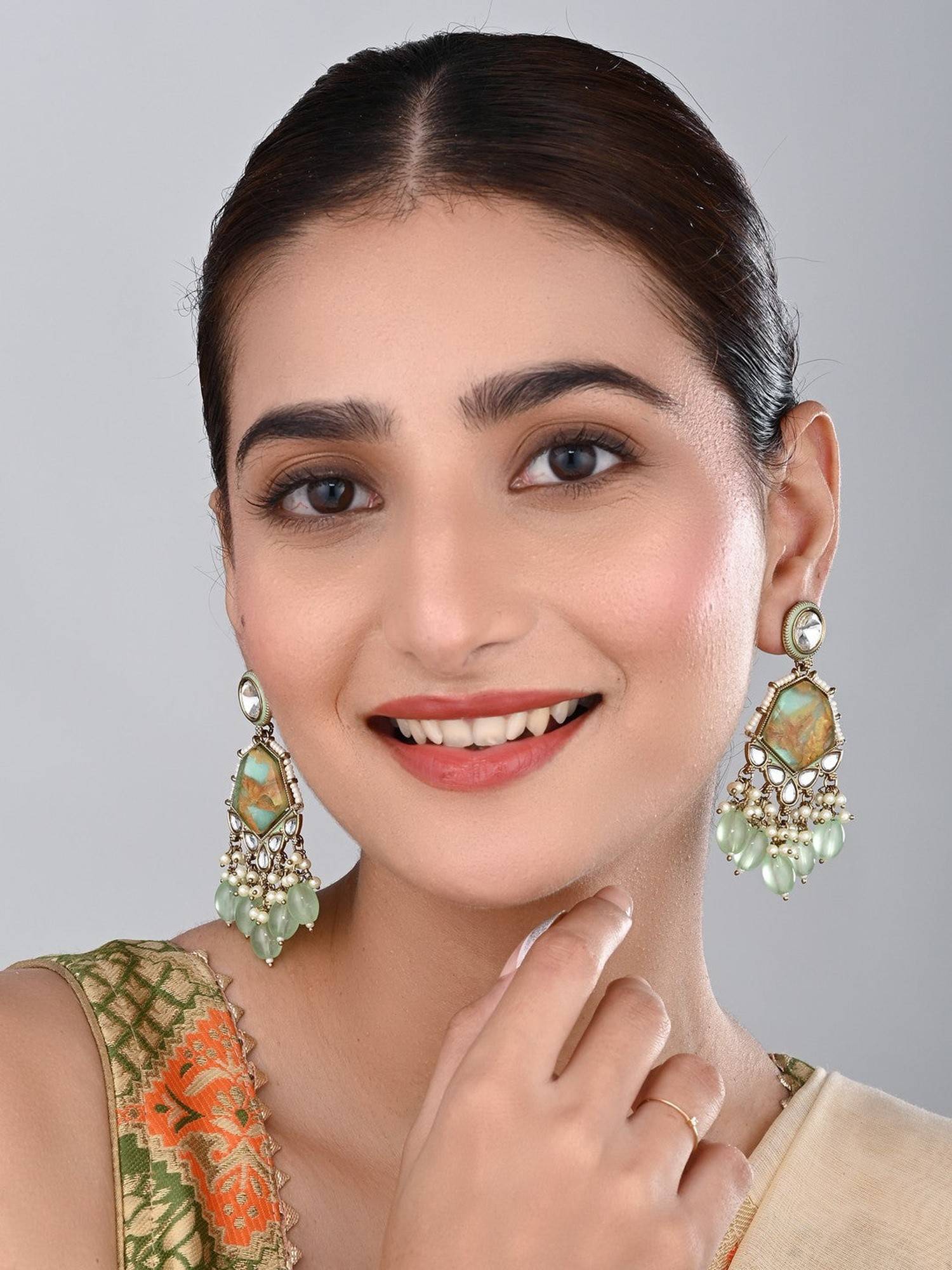 Anvik Green Gold Plated Two Tone Geometric Stone Drop Earring