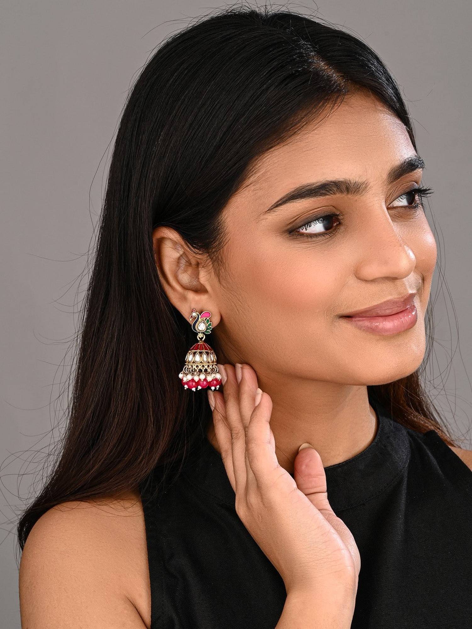 Anvik Pink Peacock Inspired Jhumka Earrings
