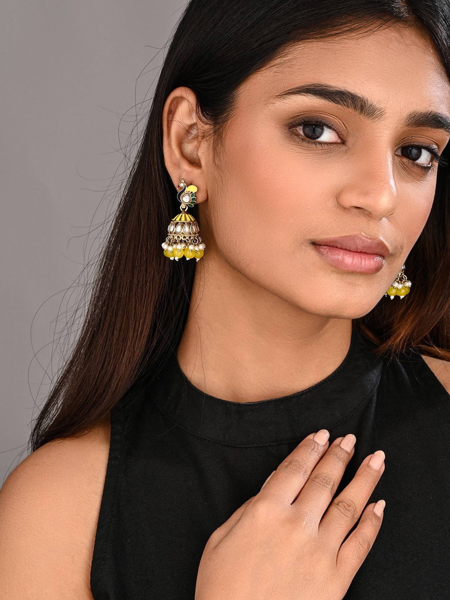 Anvik Yellow Peacock Inspired Jhumka Earrings