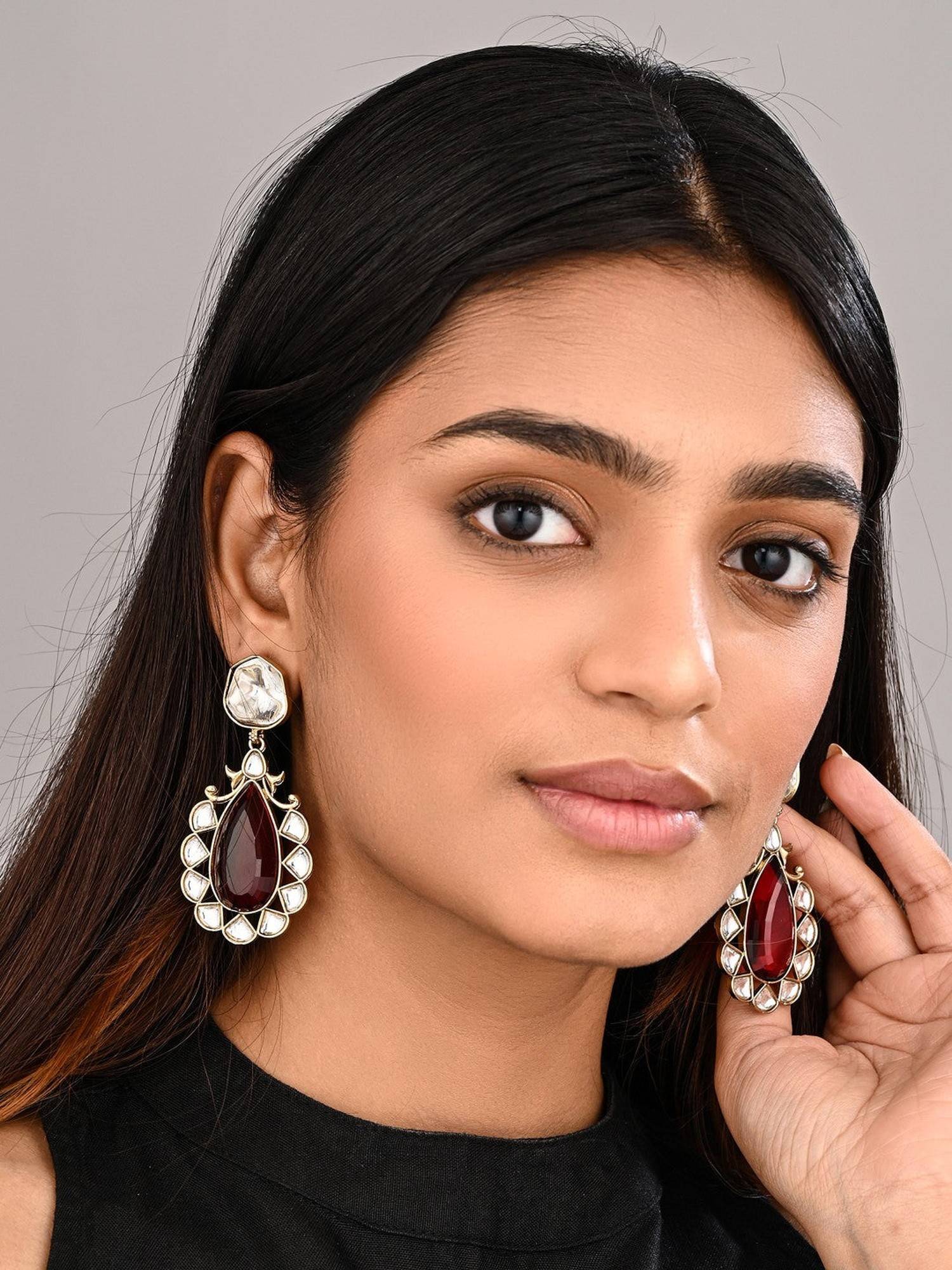 Anvik Gold-Plated Red Kundan Teardrop Earrings