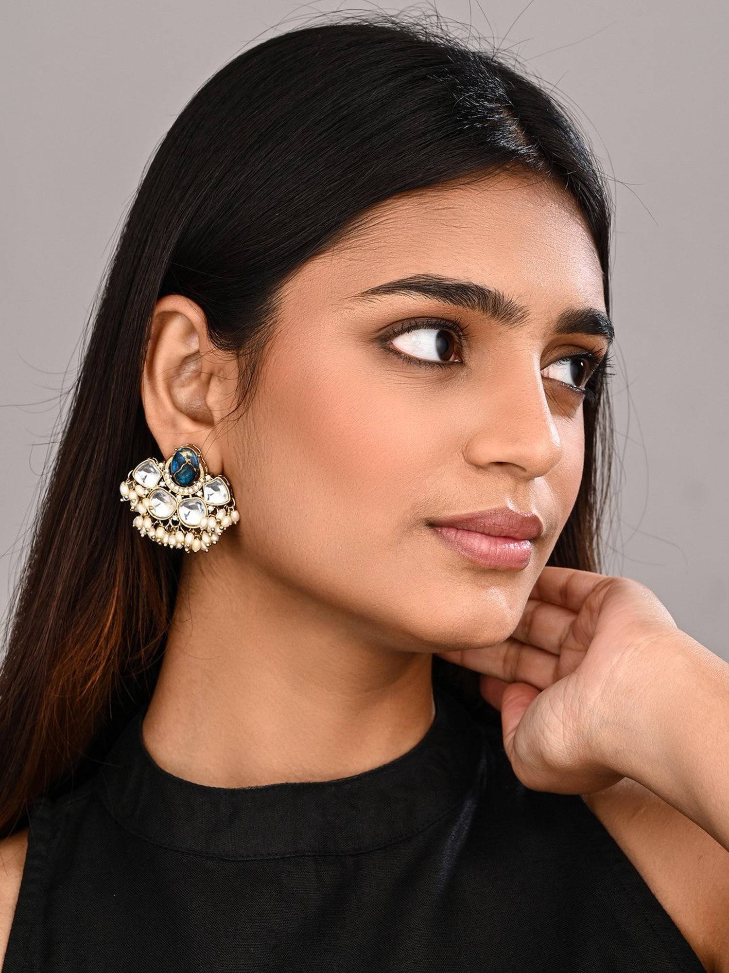 Anvik Gold-Plated Teal Kundan Half Chandbali Earrings