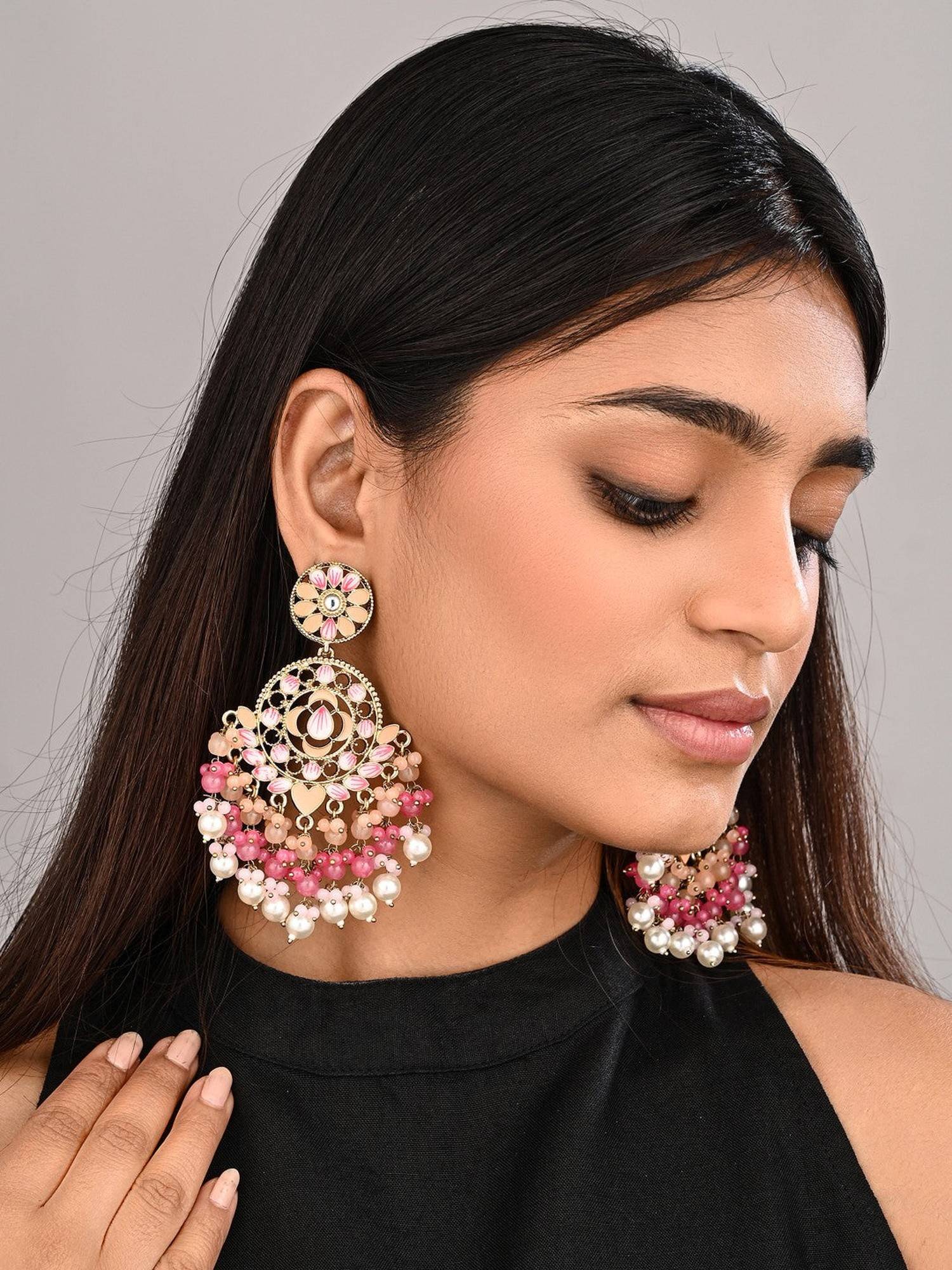 Anvik Vibrant Peach and Pink Chandelier Pearl Drop Earring