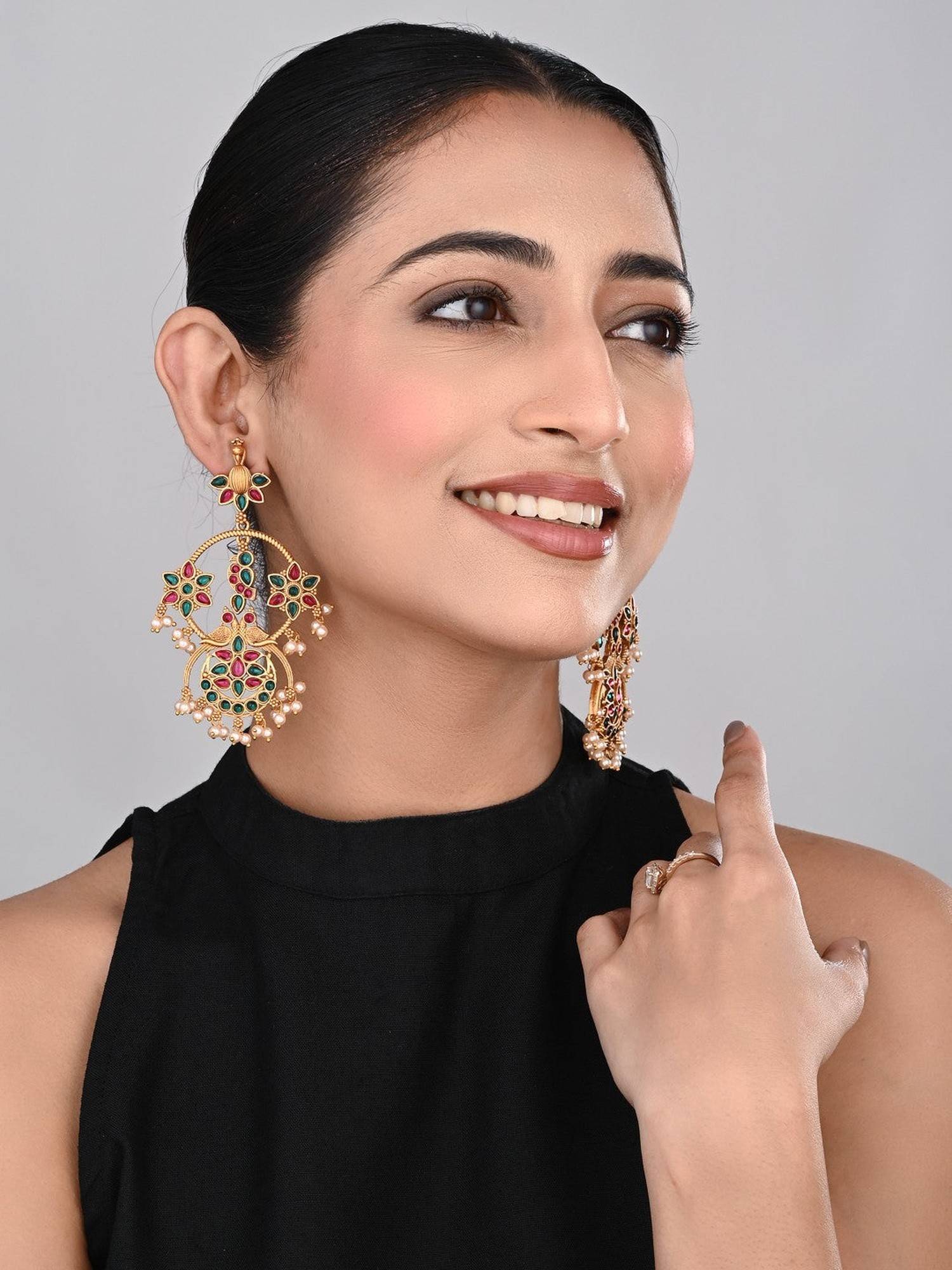 Anvik Multi-Color Gold Plated Contemporary Chandbali With Multi Coloured Stones
