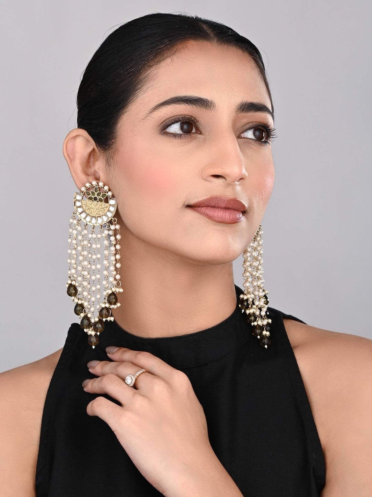 Anvik Green Elegant Pearl and Bead Chandelier Earrings