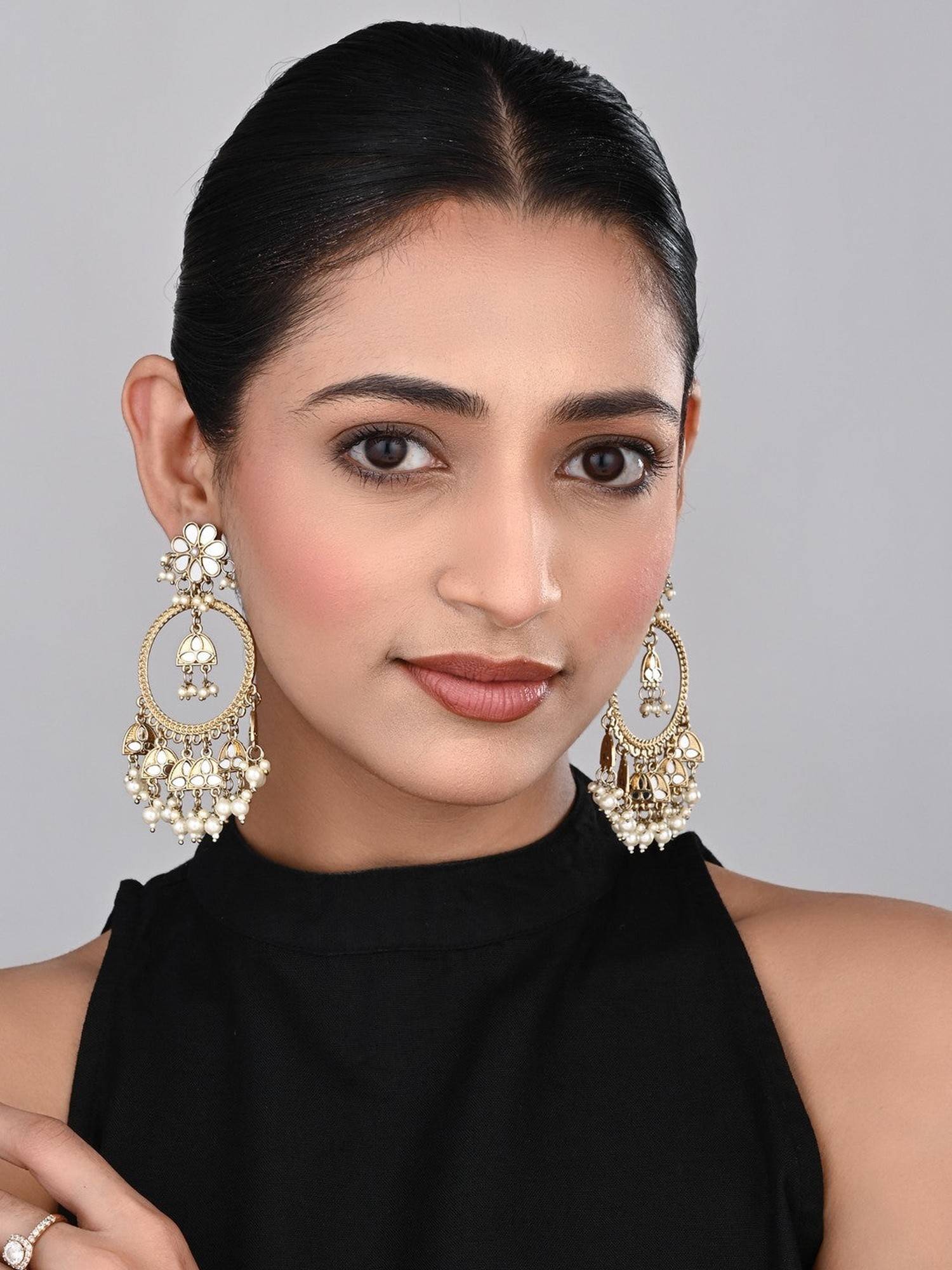 Anvik White Gold-Toned Floral Chandbali Earrings
